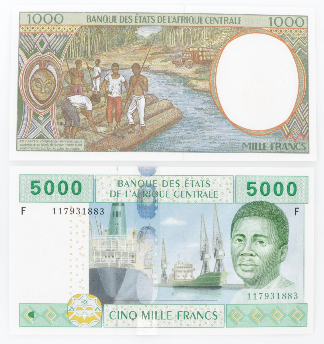 Central African States. Lot (2) 1000/5000 Francs. Banknote. Type 2002. Type Equatorial Guinea. - UNC.