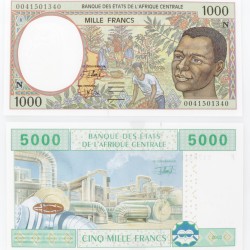 Central African States. Lot (2) 1000/5000 Francs. Banknote. Type 2002. Type Equatorial Guinea. - UNC.