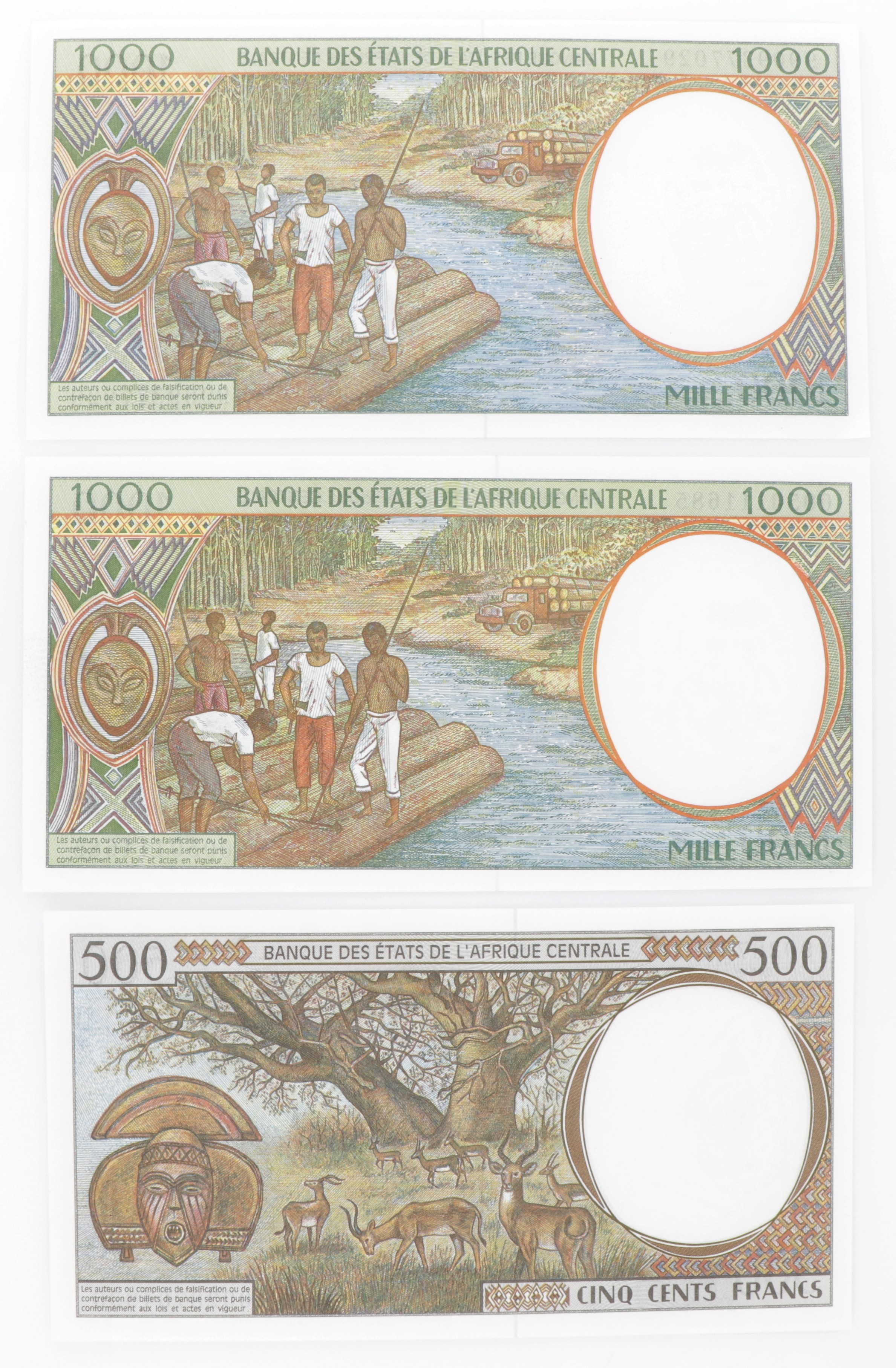 Central African States. Lot (3) 500/2x 1000 Francs. Banknote. Type 1999-2000. - UNC.