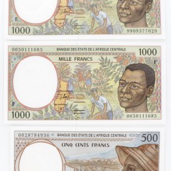 Central African States. Lot (3) 500/2x 1000 Francs. Banknote. Type 1999-2000. - UNC.