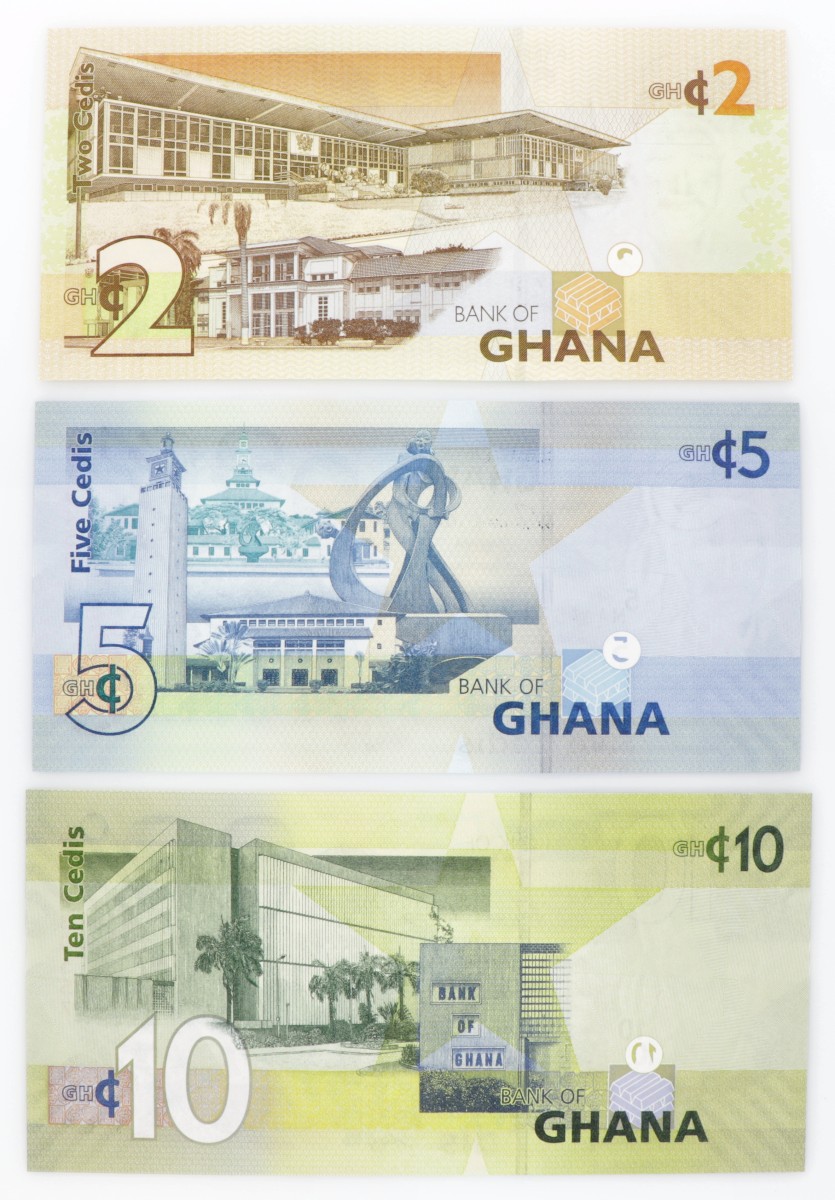 Ghana. Lot (3) 2/5/10 Cedis. Banknote. Type 2010. - UNC.