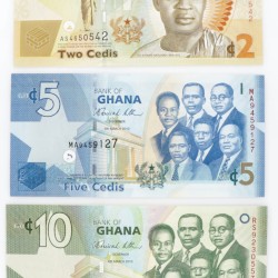 Ghana. Lot (3) 2/5/10 Cedis. Banknote. Type 2010. - UNC.