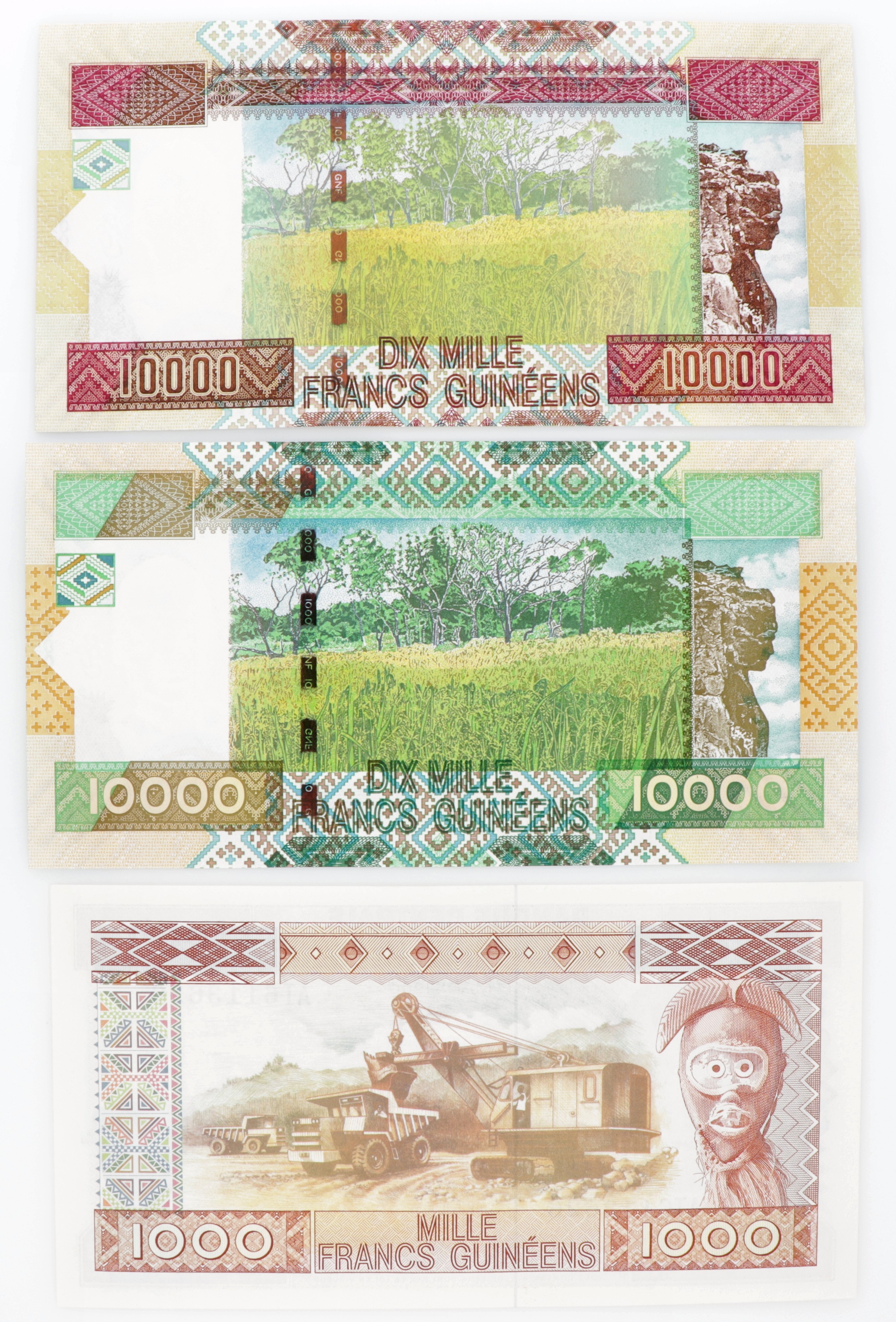 Guinea. Lot (3) 1000/2x 10000 Francs. Banknote. Type 1985-2012. - UNC.