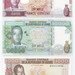 Guinea. Lot (3) 1000/2x 10000 Francs. Banknote. Type 1985-2012. - UNC.