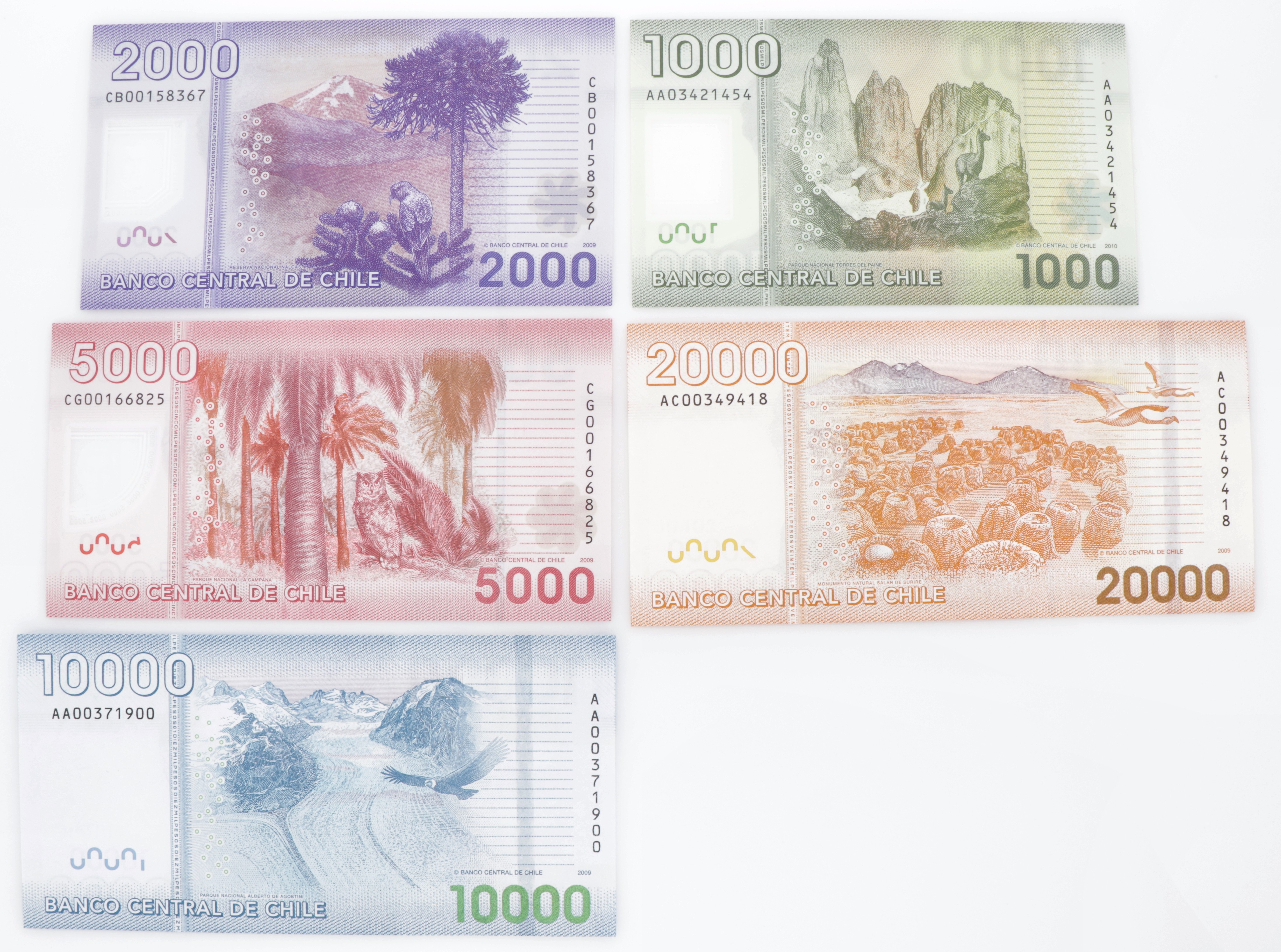 Chile. Lot (5) 1000/2000/5000/10000/20000 Pesos. Banknote. Type 2009. - UNC.