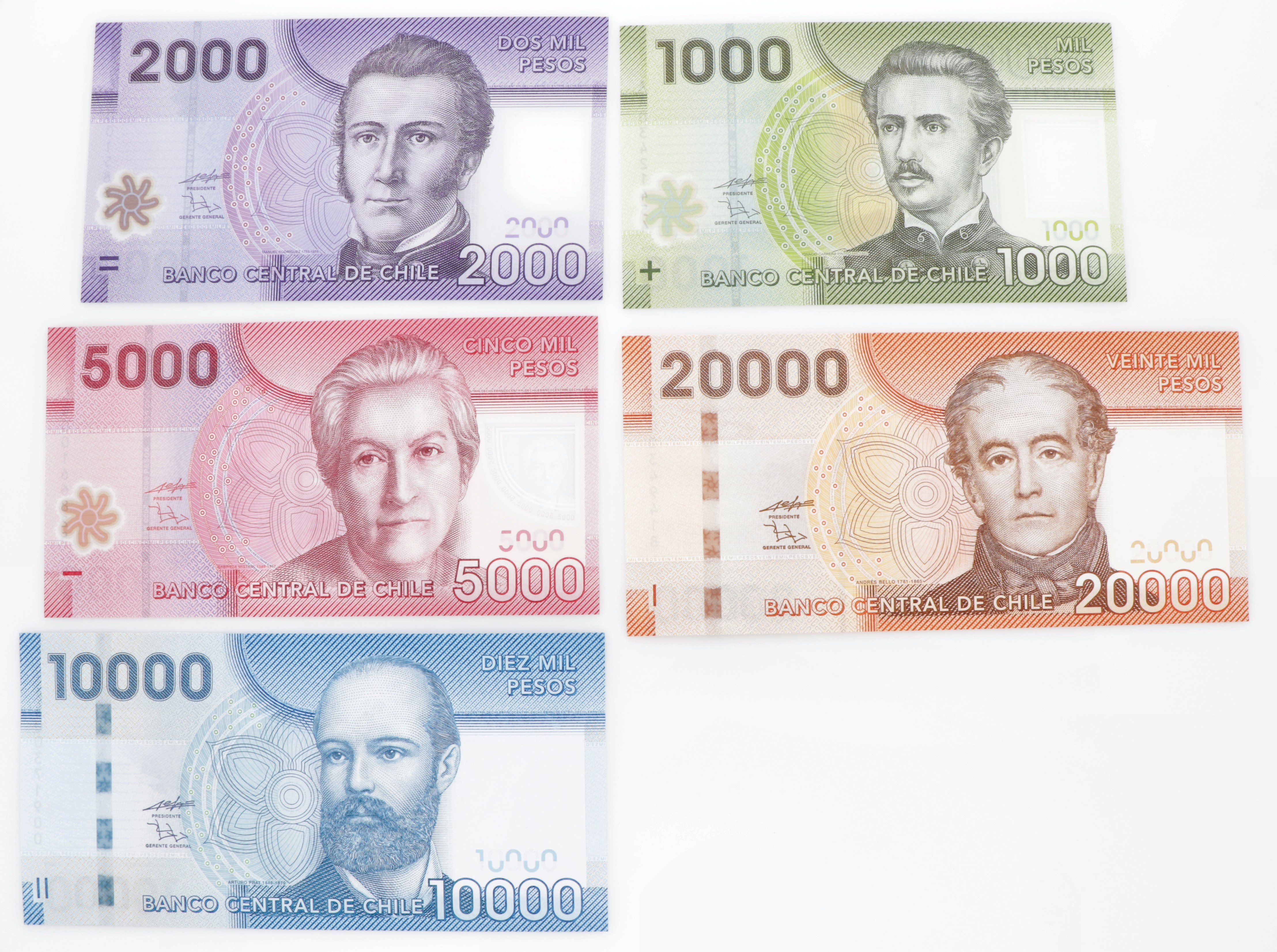 Chile. Lot (5) 1000/2000/5000/10000/20000 Pesos. Banknote. Type 2009. - UNC.