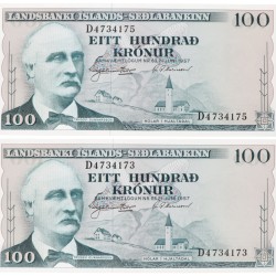 Iceland. Lot (2) 100 Krónur. Banknote. Type ND. - UNC.