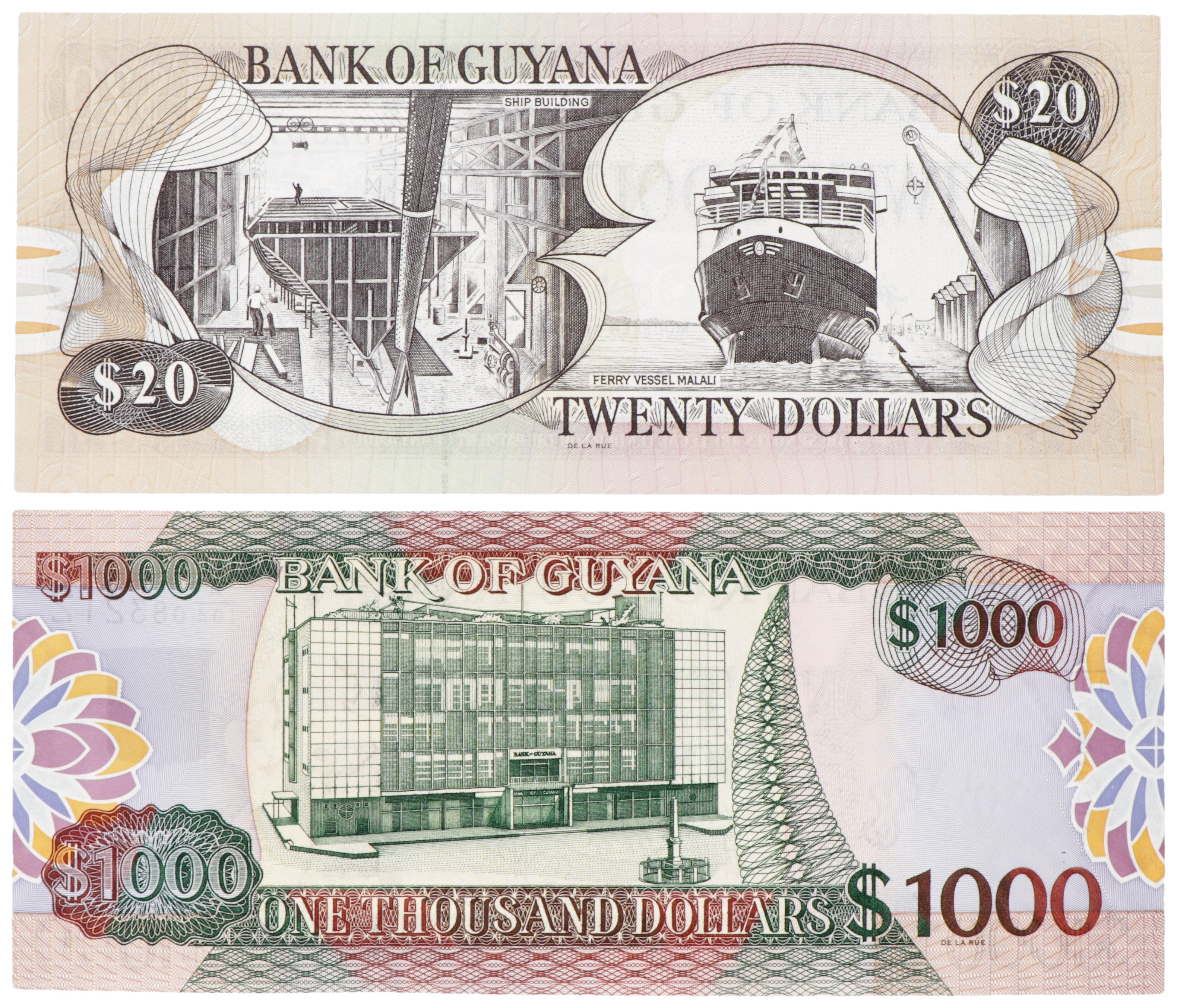 Guyana. Lot (2) 20/1000 Dollars. Banknote. Type ND. - UNC.