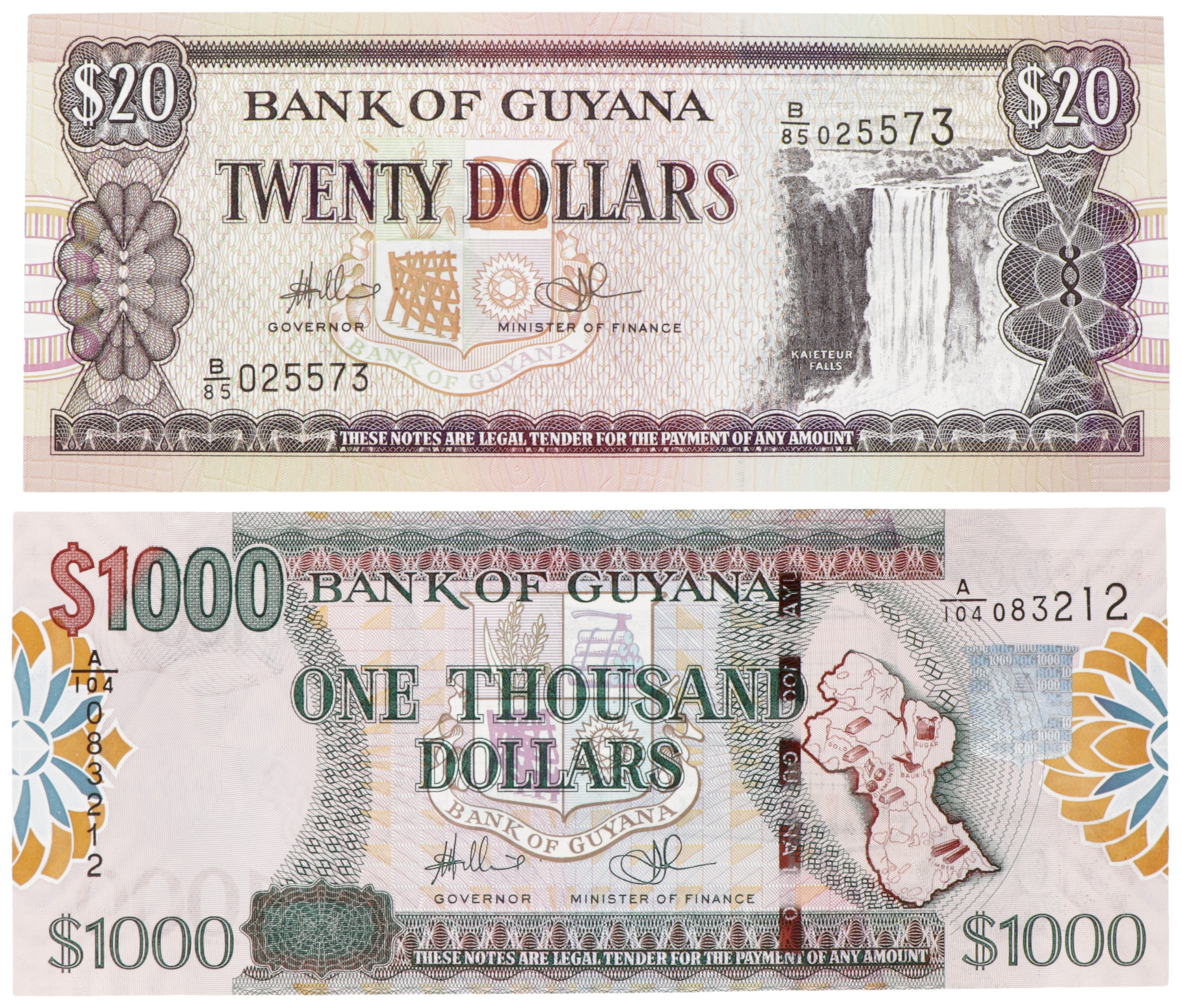 Guyana. Lot (2) 20/1000 Dollars. Banknote. Type ND. - UNC.