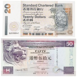 Hongkong. Lot (2) 20/50 Dollars. Banknote. Type 2002. - UNC.