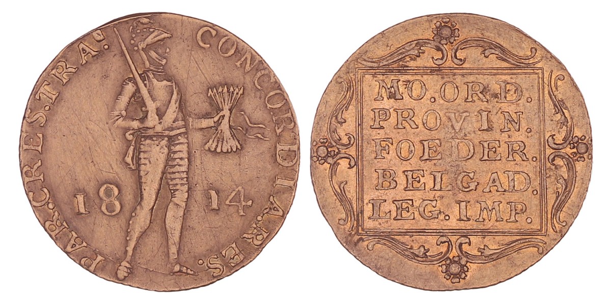 Gouden Dukaat Willem I Buitenlandse vervalsing 1814. Fraai / Zeer fraai (Montage sporen).
