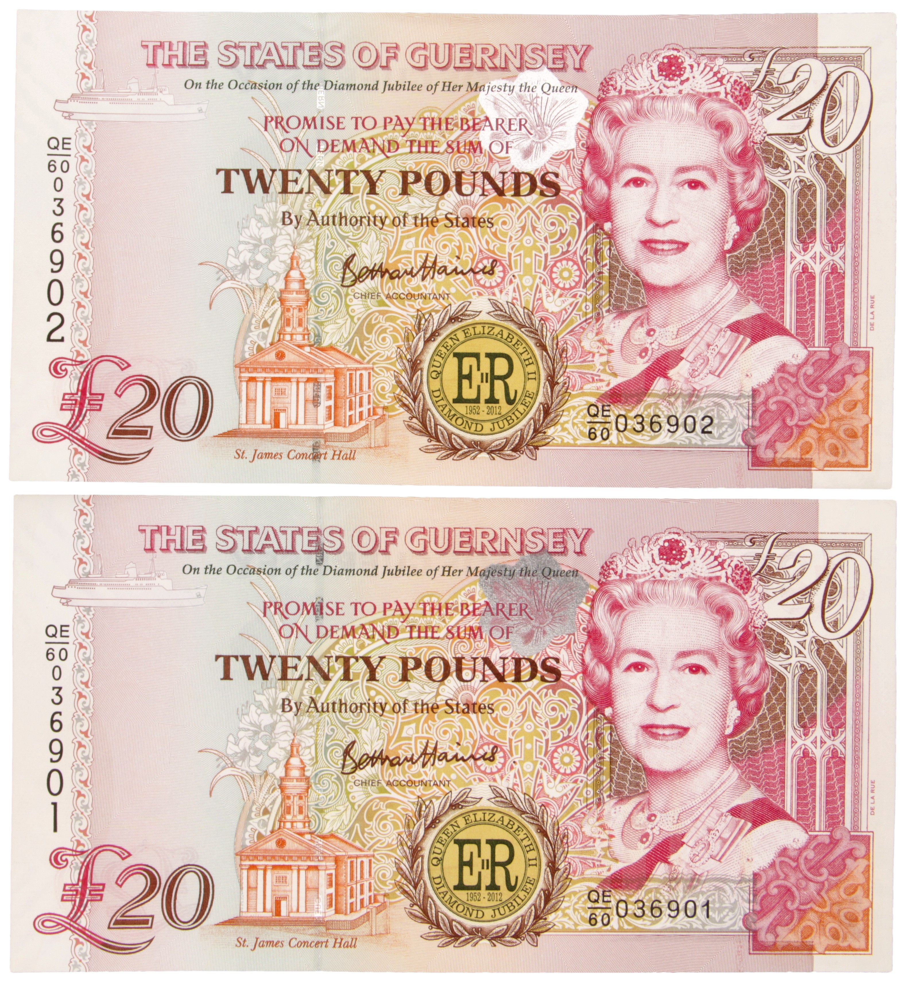 Guernsey. Lot (2) 20 Pounds. Banknote. Type 2012. - UNC.