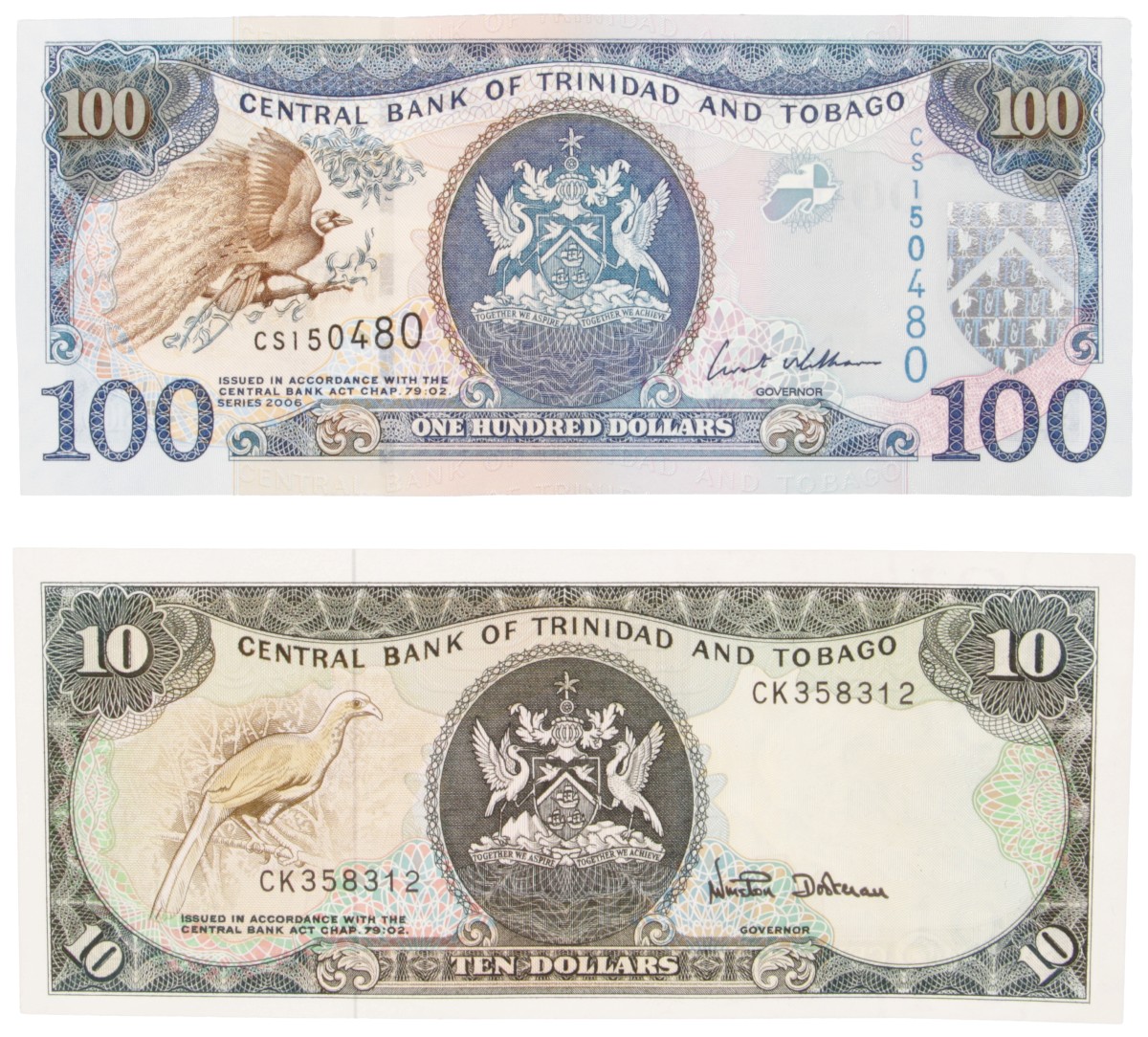 Trinidad and Tobago. Lot (2) 10/100 Dollars. Banknote. Type 1985-2005. - UNC.