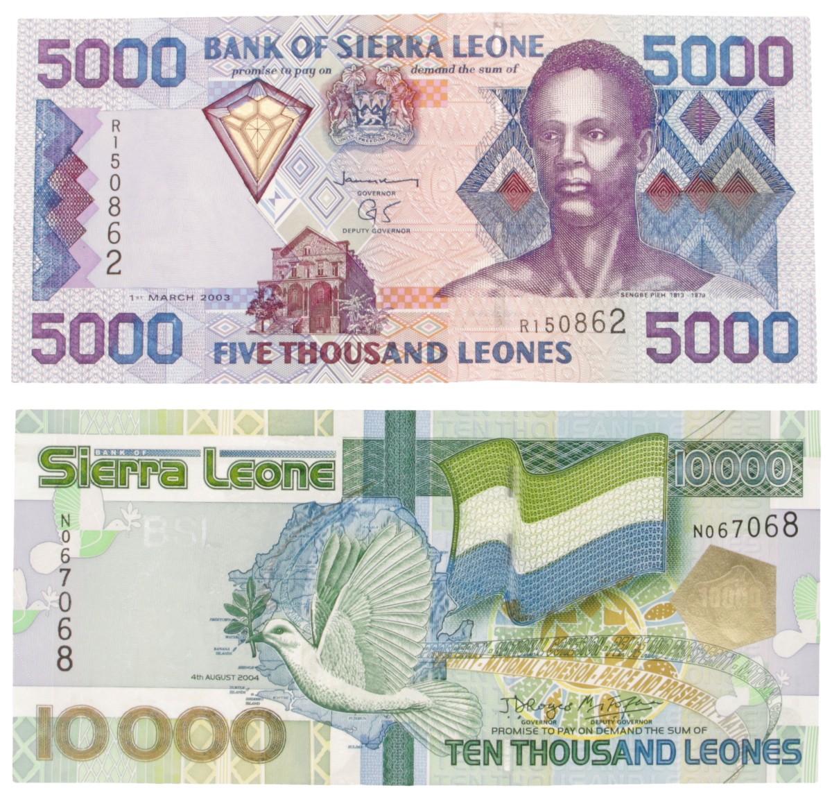 Sierra Leone. Lot (2) 5000/10000 Leones. Banknote. Type 2002-2004. - UNC.