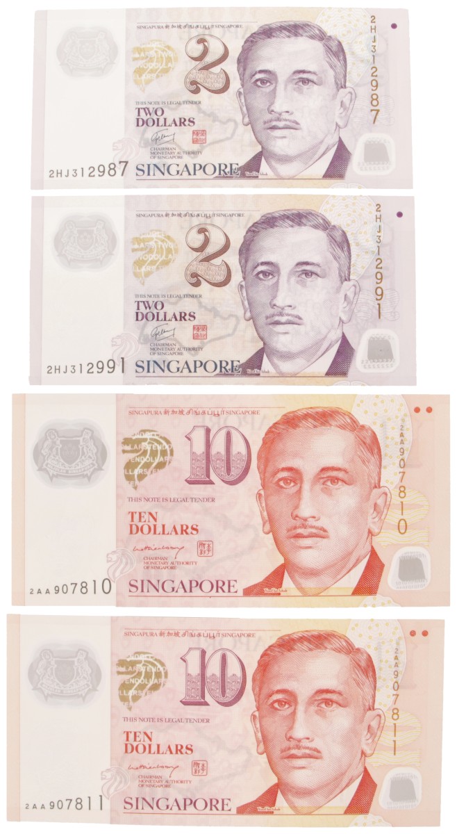 Singapore. Lot (4) 2x2/2x10 Dollars. Banknote. Type 2005. - UNC.