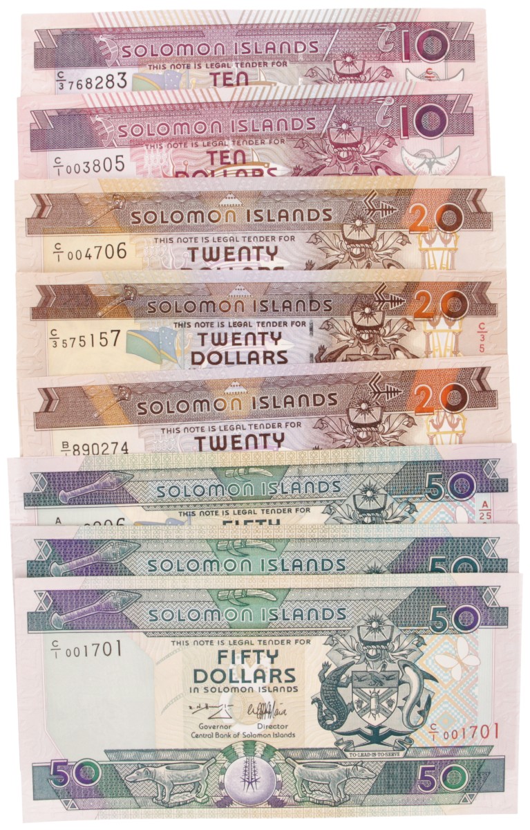 Solomon Islands. Lot (8) 2x10/3x20/3x50 Dollars. Banknote. Type 1986-2006. - UNC.