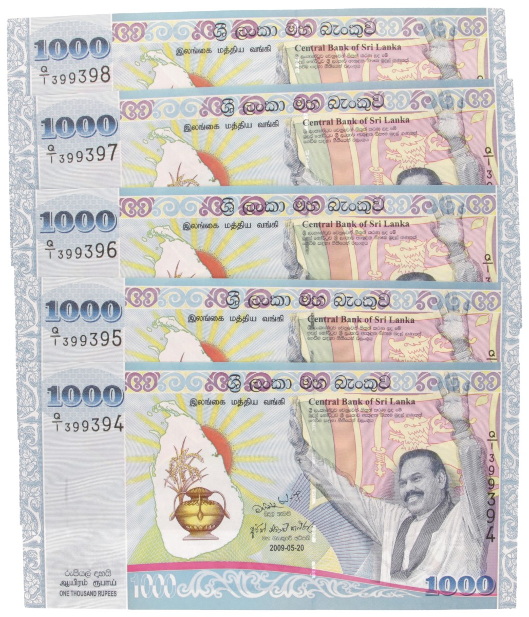 Sri Lanka. Lot (5) 1000 Rupees. Banknote. Type 2009. - UNC.