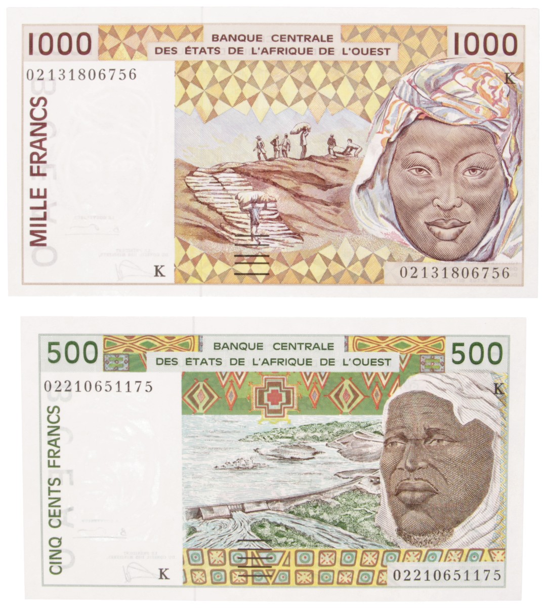 West African States. Lot (2) 500/1000 Francs. Banknote. Type 2002. - UNC.