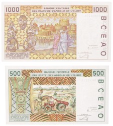 West African States. Lot (2) 500/1000 Francs. Banknote. Type 2002. - UNC.