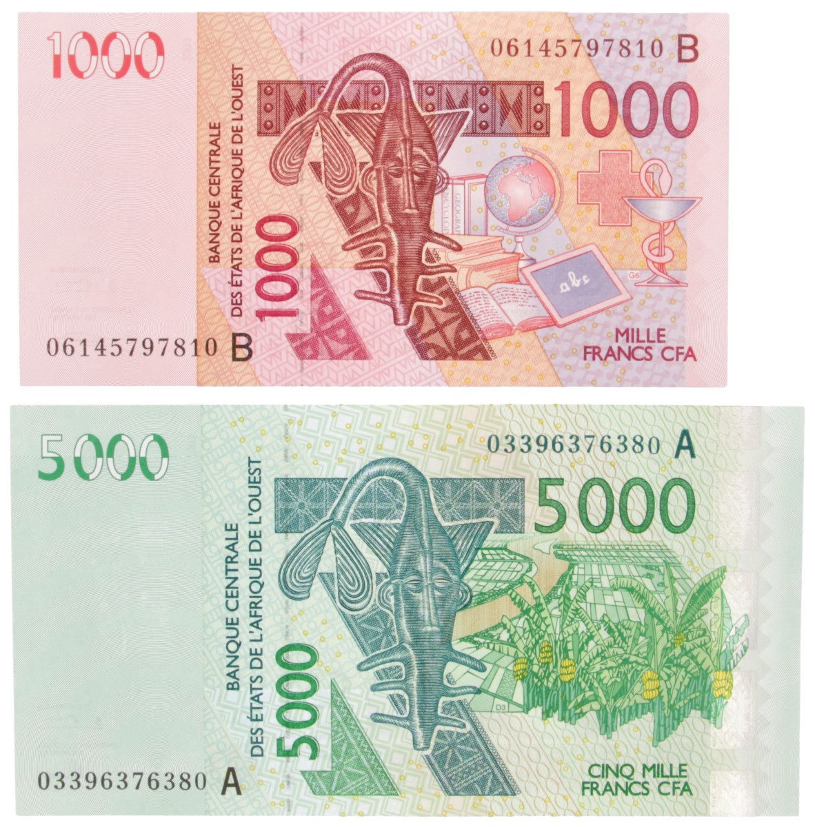 West African States. Lot (2) 1000/5000 Francs. Banknote. Type 2003. - UNC.