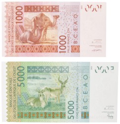 West African States. Lot (2) 1000/5000 Francs. Banknote. Type 2003. - UNC.