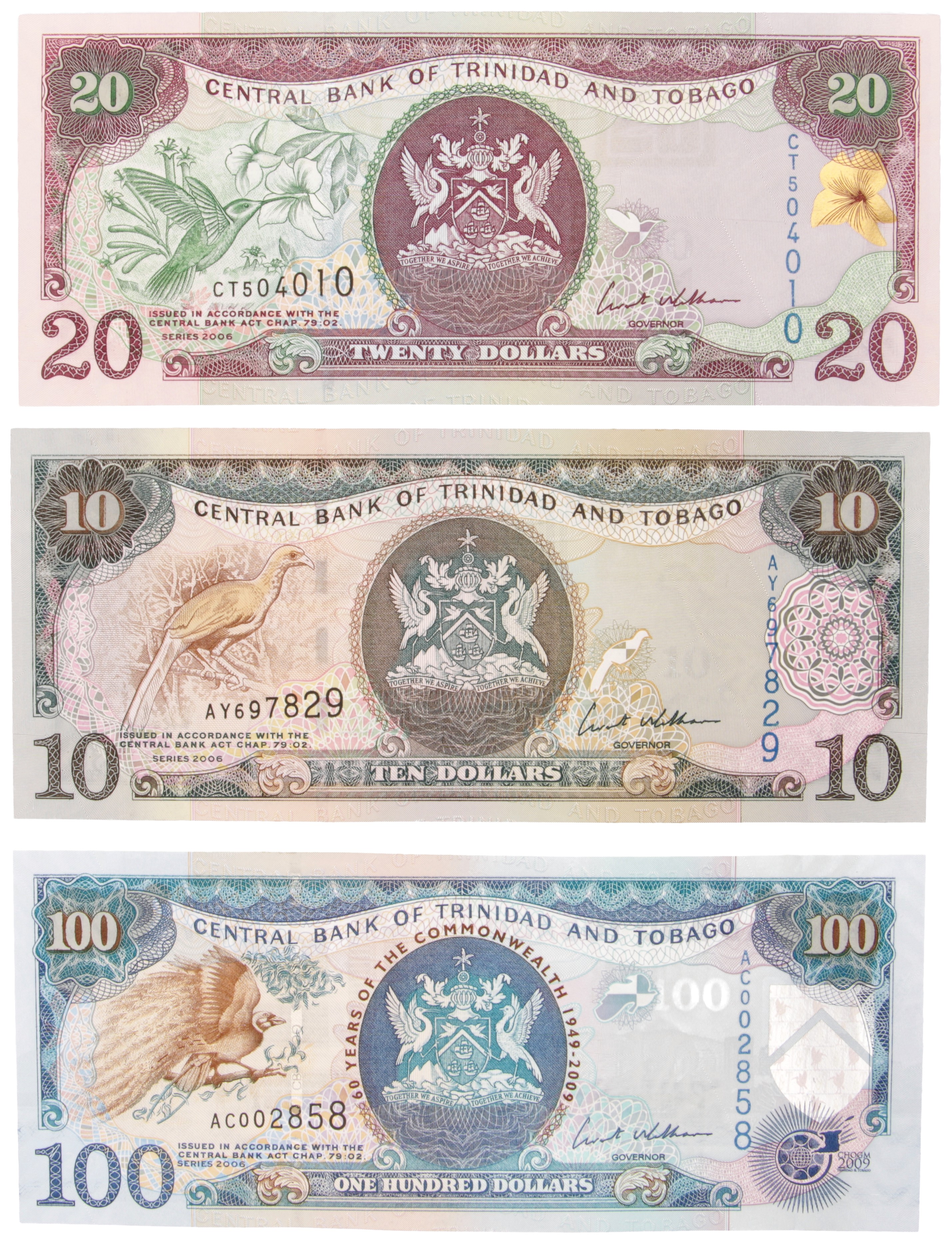 Trinidad and Tobago. Lot (3) 10/20/100 Dollars. Banknote. Type 2006. - UNC.