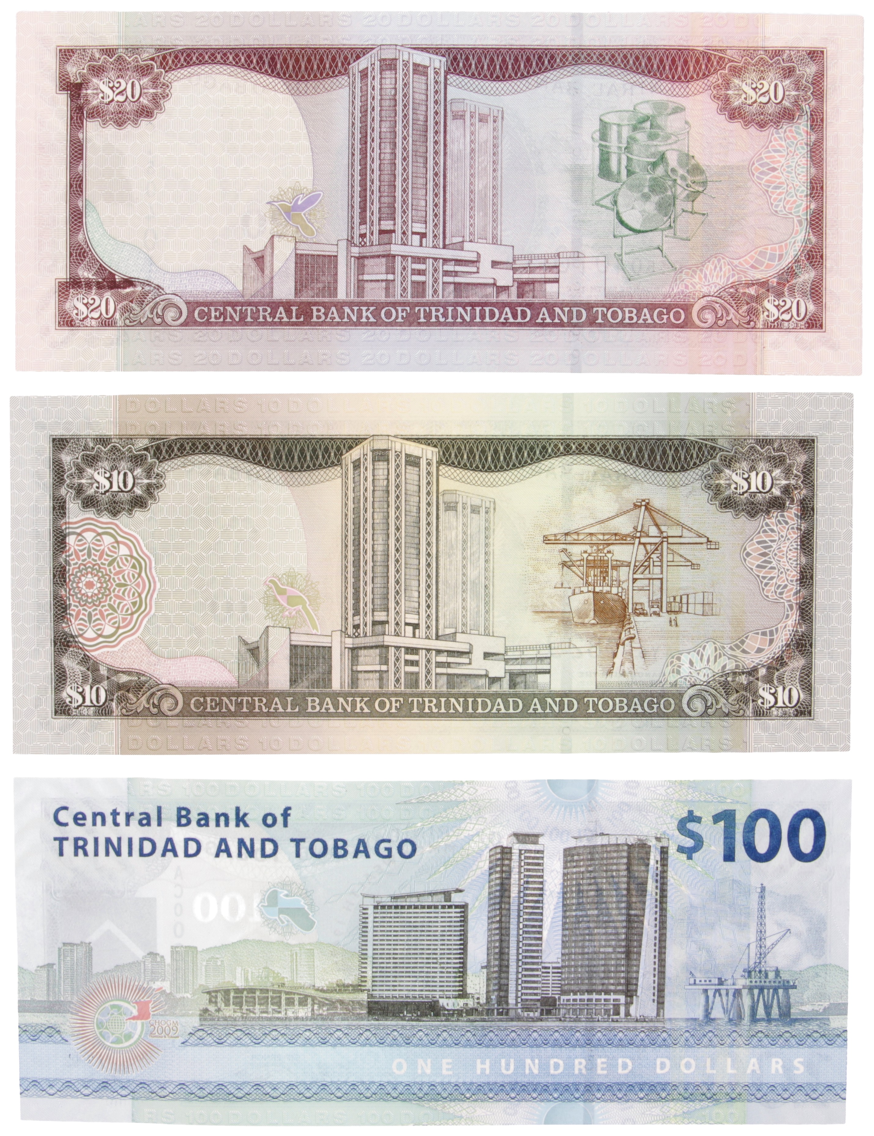 Trinidad and Tobago. Lot (3) 10/20/100 Dollars. Banknote. Type 2006. - UNC.