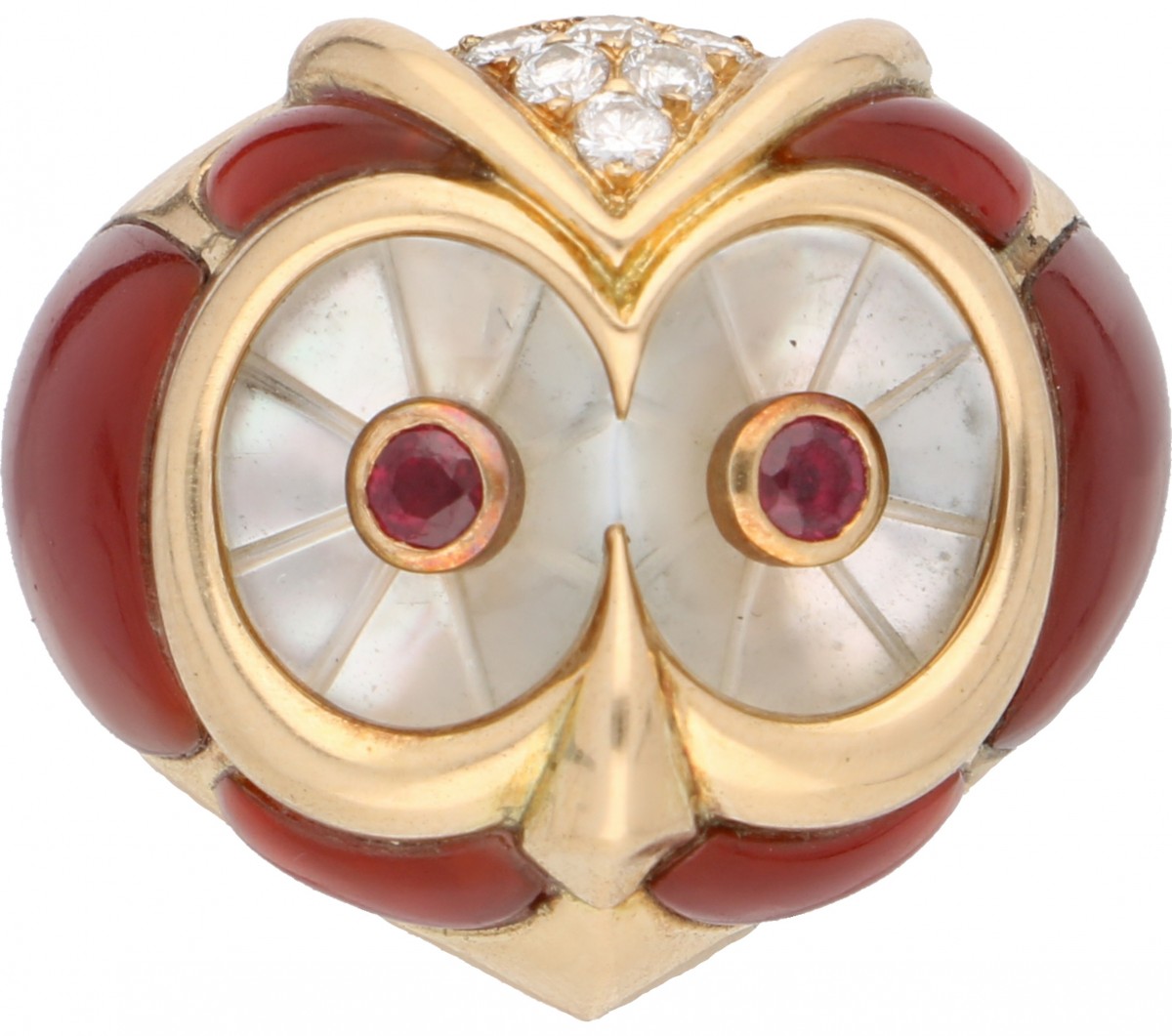Geelgouden Wako Japanse design ring, ca. 0.12 ct. diamant, robijn, parelmoer en carneool - 18 kt.