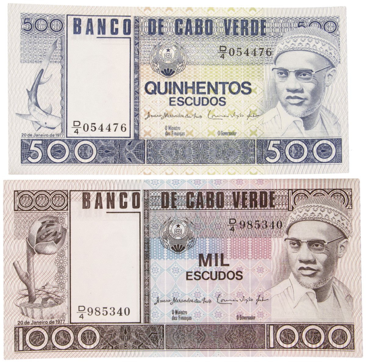 Cape Verde. Lot (2) 500/1000 Escudos. Banknote. Type 1977. - UNC.