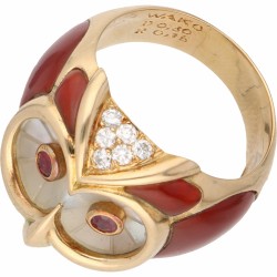 Geelgouden Wako Japanse design ring, ca. 0.12 ct. diamant, robijn, parelmoer en carneool - 18 kt.