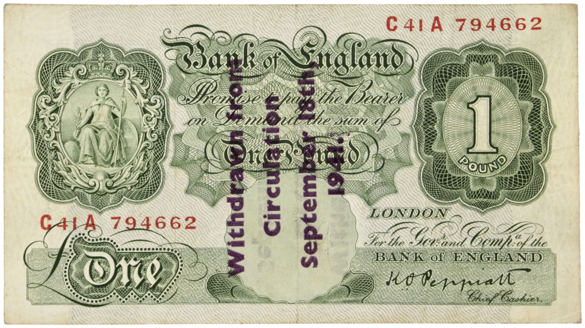 Great Britain. 1 Pound. Banknote. Type ND. Type Stamp: Withdrawn from circulation september 18th 1941. - Very fine.