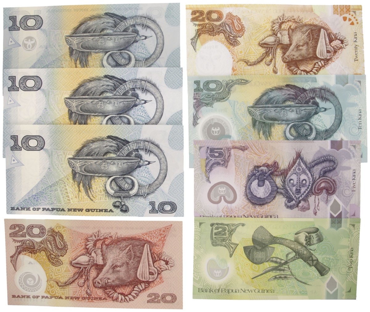 Papua New Guinea. Lot (8) 2/5/4x10/2x20 Kina. Banknote. Type 1998-2008. - UNC.