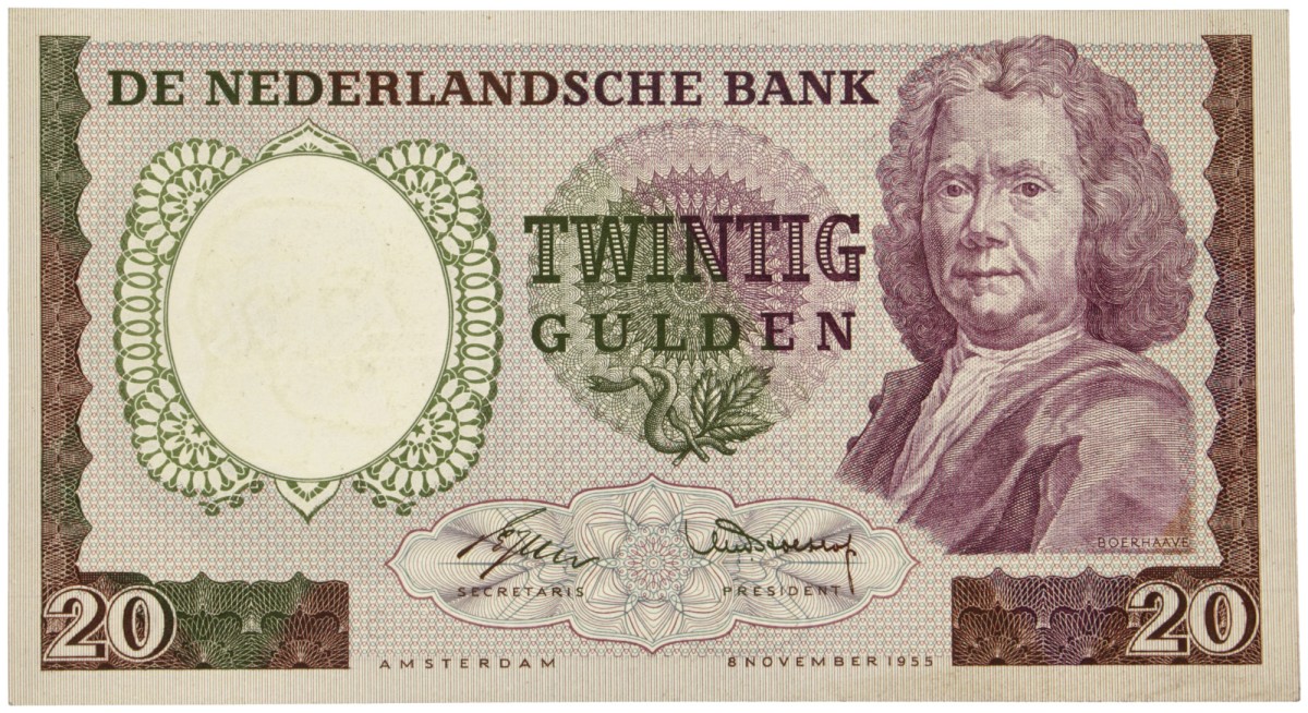 Nederland. 20 Gulden. Bankbiljet. Type 1955. Type Boerhaave. - Zeer Fraai / Prachtig.