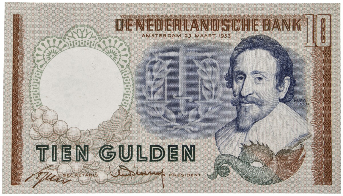 Nederland. 10 Gulden. Bankbiljet. Type 1953. Type Hugo de Groot. - Prachtig +.