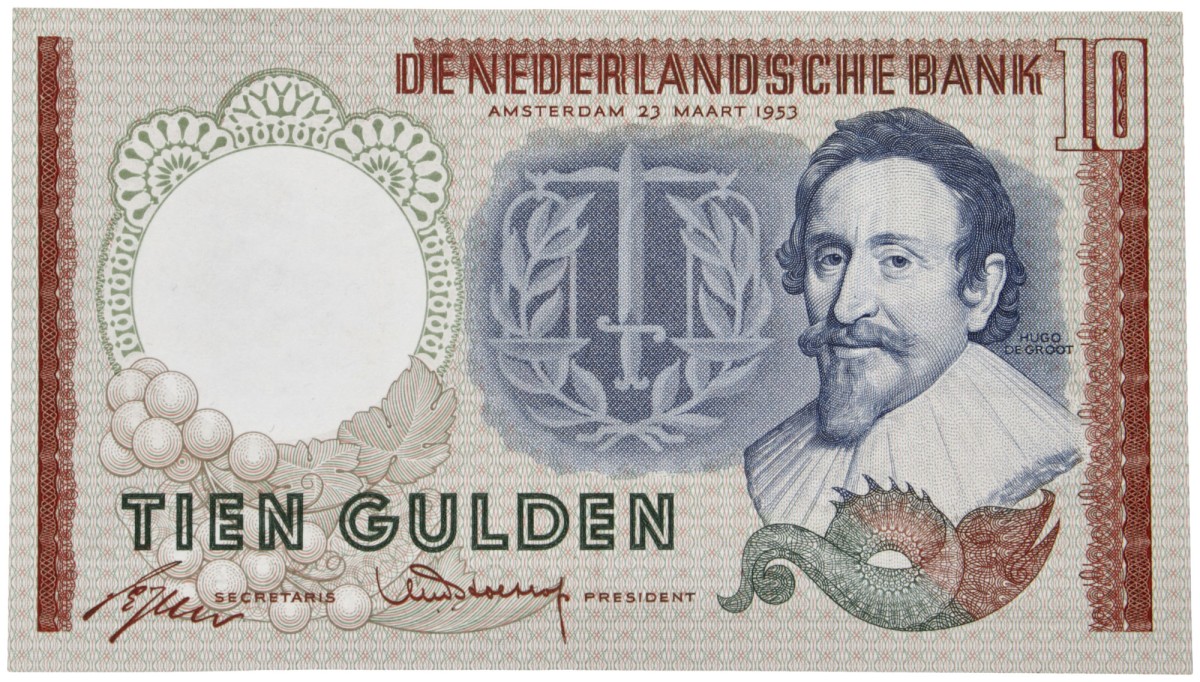 Nederland. 10 Gulden . Bankbiljet. Type 1953. Type Hugo de Groot. - Prachtig +.