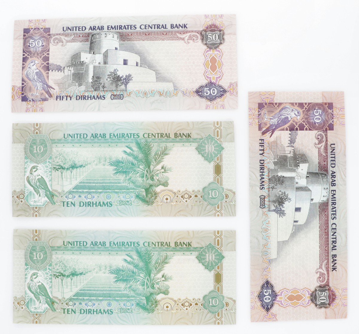 United Arab Emirates. Lot (4) 2x 10 Dirhams and 2x 50 Dirhams. Banknote. Type 2004-2008. - UNC.