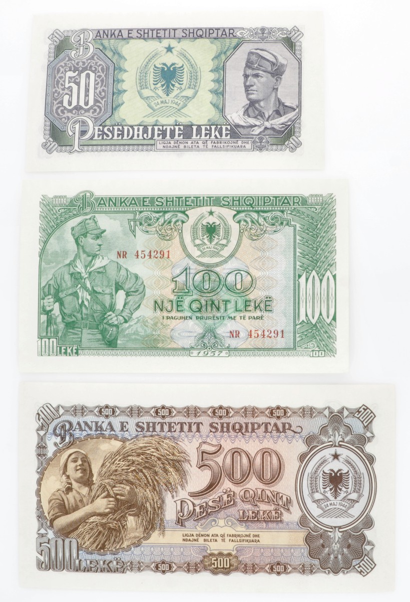 Albania. Lot (3) 50/100/500 Leke. Banknote. Type 1957. - UNC.