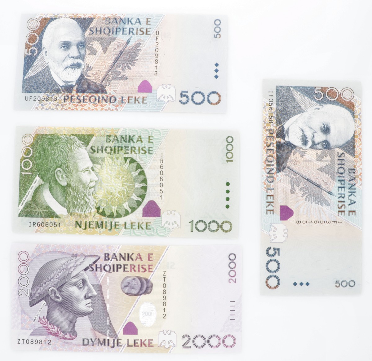 Albania. Lot (4) 2x500/1000/2000 Leke. Banknote. Type 2001-2007. - UNC.