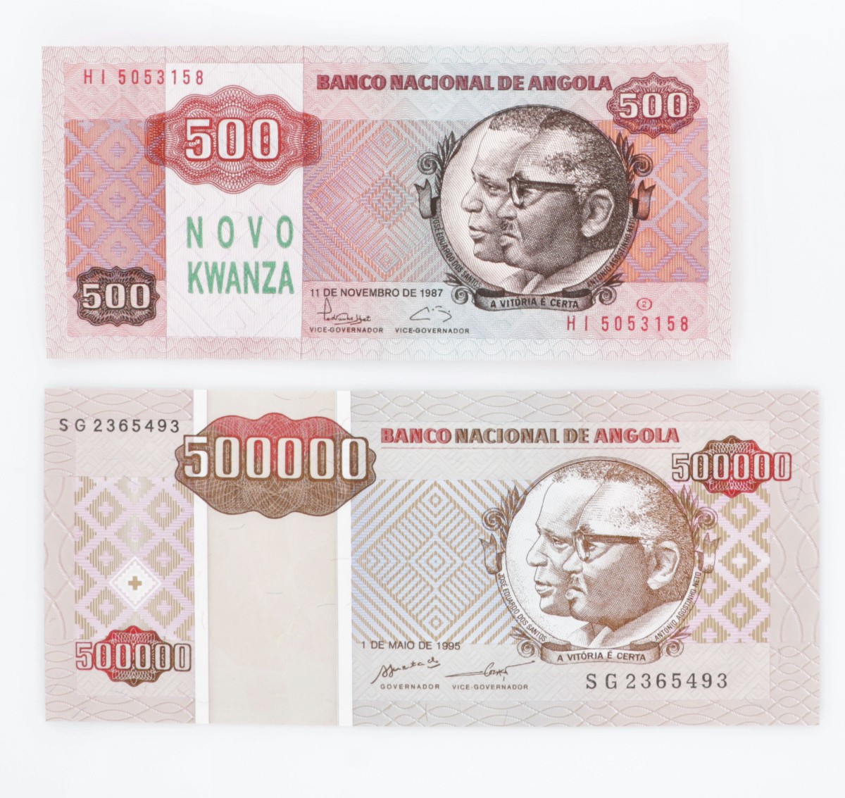 Angola. Lot (2) 500/500000 Kwanzas Reaj. Banknote. Type 1987-1995. - UNC.