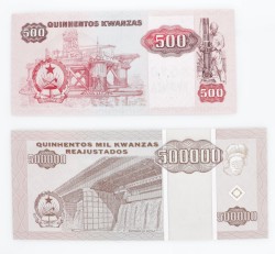 Angola. Lot (2) 500/500000 Kwanzas Reaj. Banknote. Type 1987-1995. - UNC.