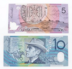 Australia. Lot (2) 5/10 Dollars. Banknote. Type 2006-2008. - UNC.