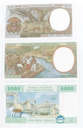 Central African States. Lot (3) 500/1000/5000 Francs. Banknote. Type 2002. Type Chad. - UNC.