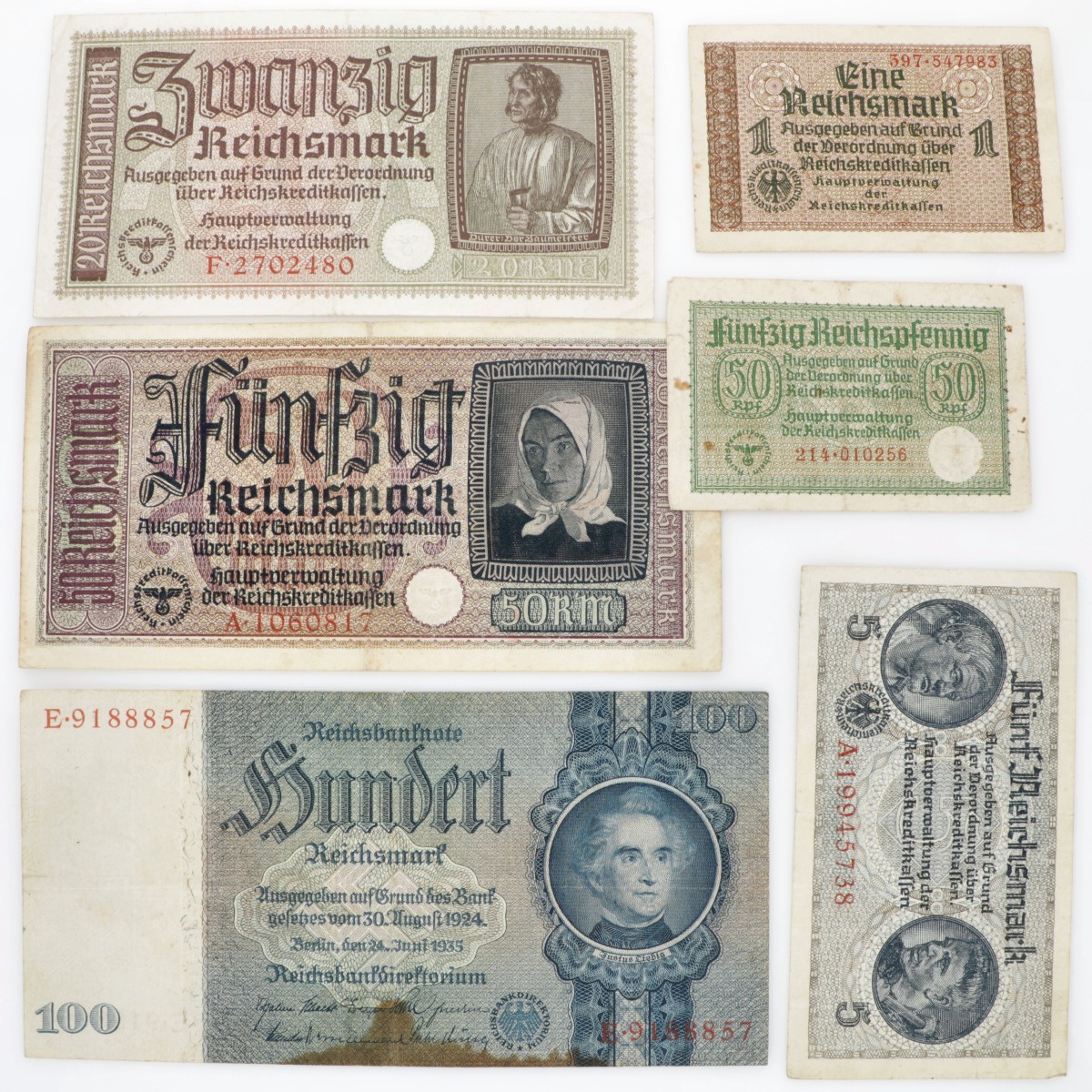 Germany. Lot (6) 50 Reichspfennig/1/5/20/50/100 Reichsmark. Banknote. Type 1924-1940. - Very fine.