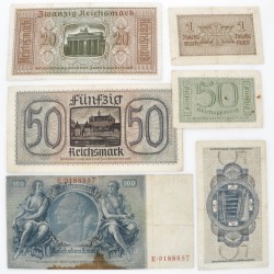 Germany. Lot (6) 50 Reichspfennig/1/5/20/50/100 Reichsmark. Banknote. Type 1924-1940. - Very fine.