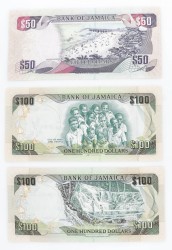 Jamaica. Lot (3) 50/2x 100 Dollars. Banknote. Type 2007-2012. - UNC.