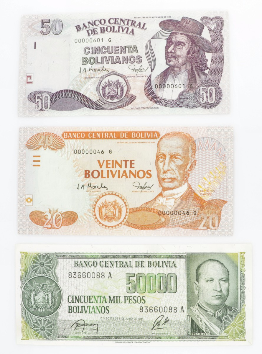 Bolivia. Lot (3) 20/50/50000 Bolivianos. Banknote. Type 1987-2005. - UNC.