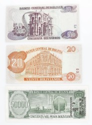 Bolivia. Lot (3) 20/50/50000 Bolivianos. Banknote. Type 1987-2005. - UNC.