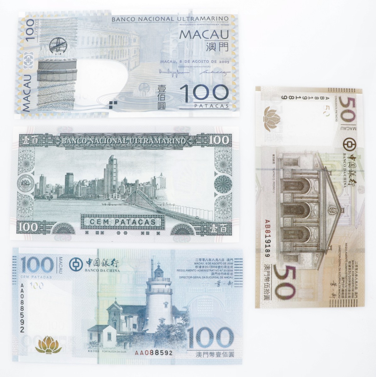 Macao. Lot (4) 50/ 3x 100 Patacas. Banknote. Type 2003-2008. - UNC.