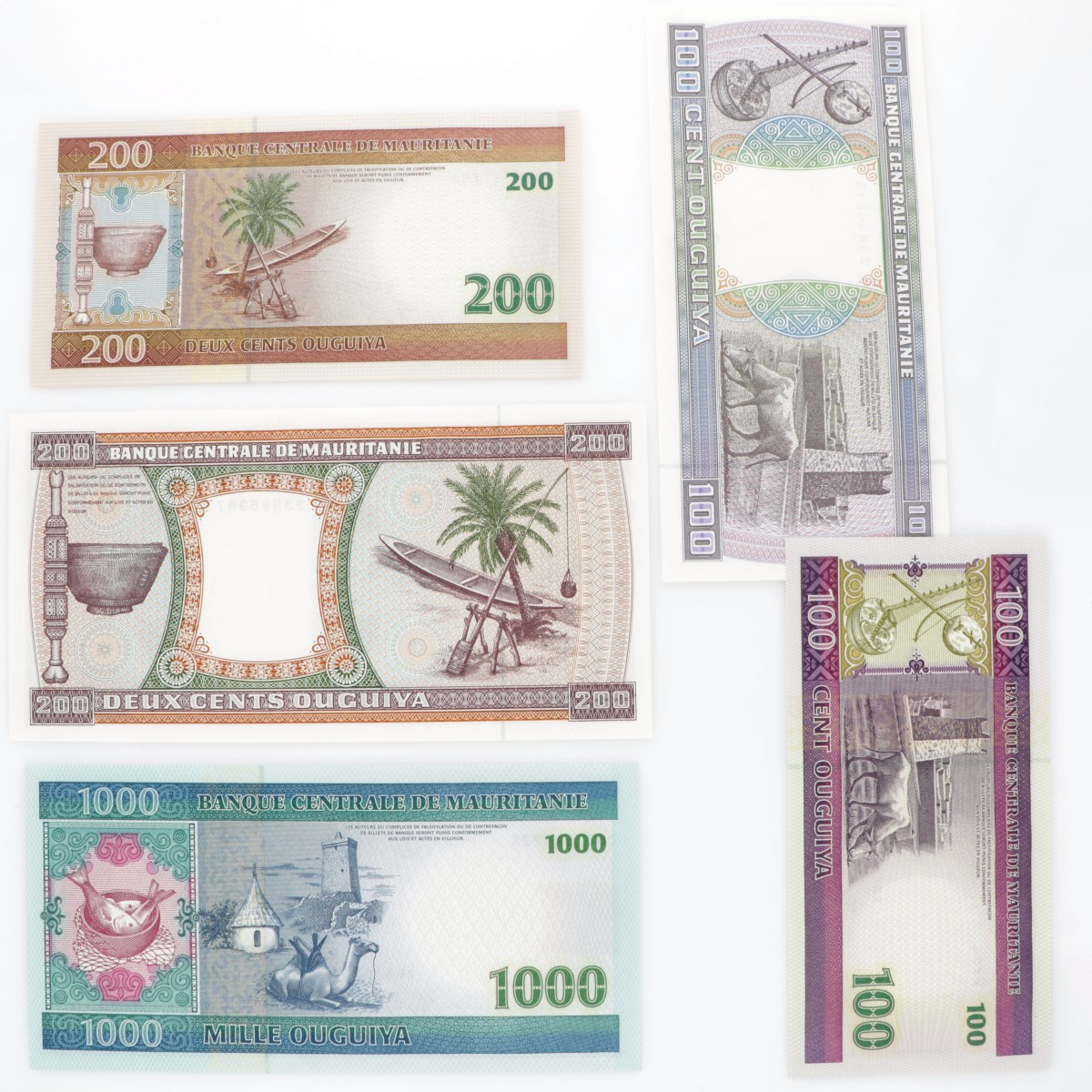 Mauritania. Lot (5) 2x100/2x200/1000 Ouguiya. Banknote. Type 1996-2004. - UNC.