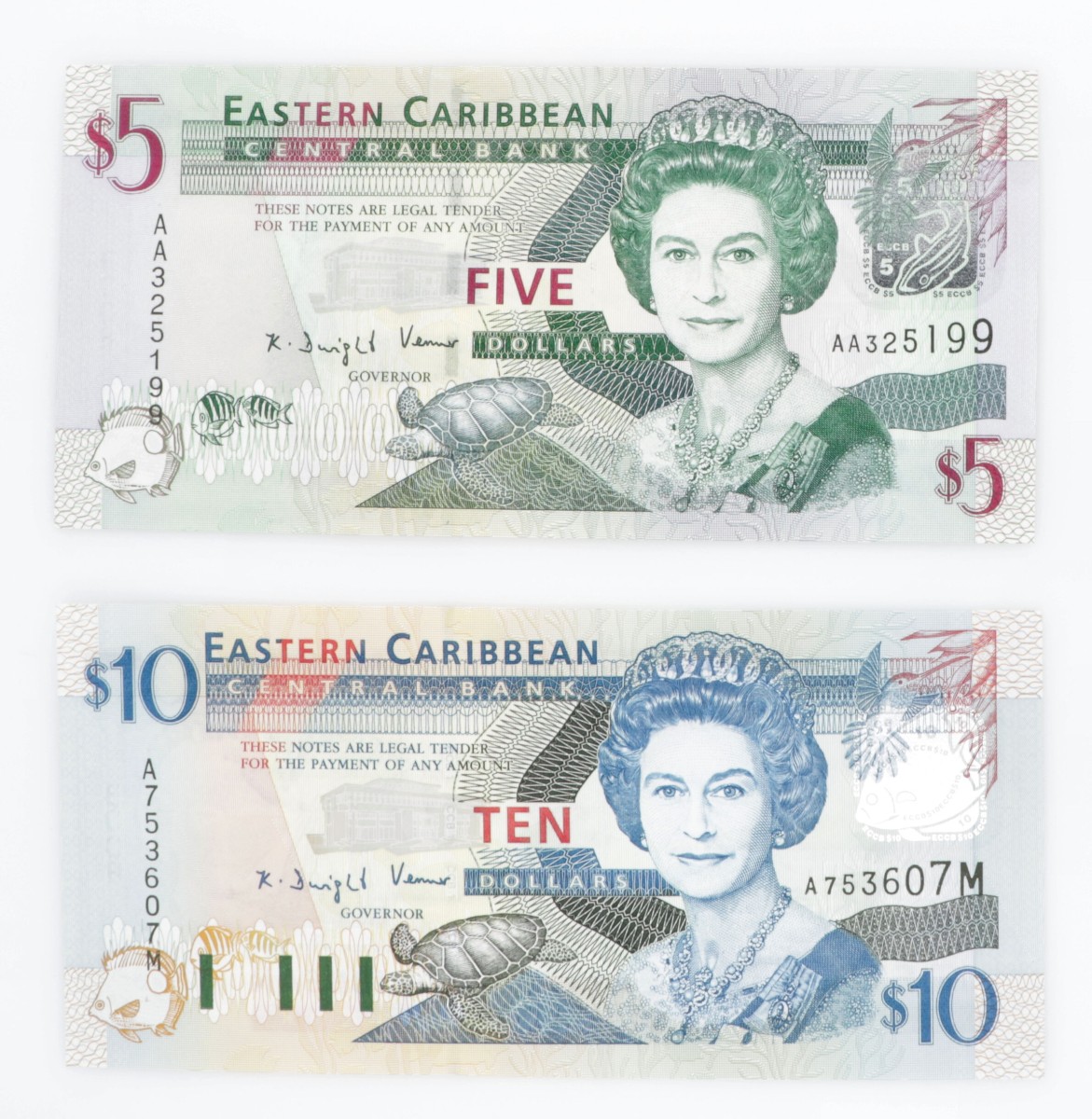 East Caribbean States. Lot (2) 5/10 Dollars. Banknote. Type 2003-2008. - UNC.